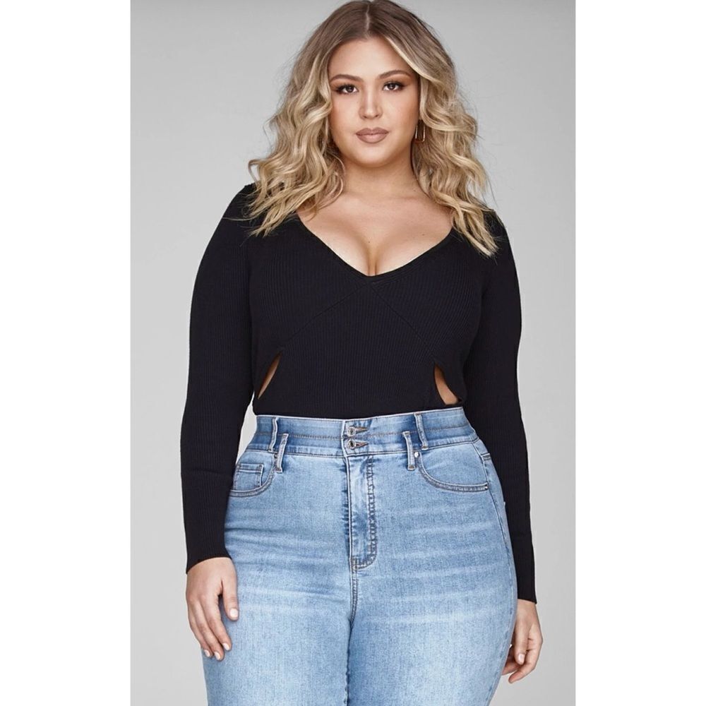 FTF Deep V-Neck Ribbed Knit Cutout Sweater